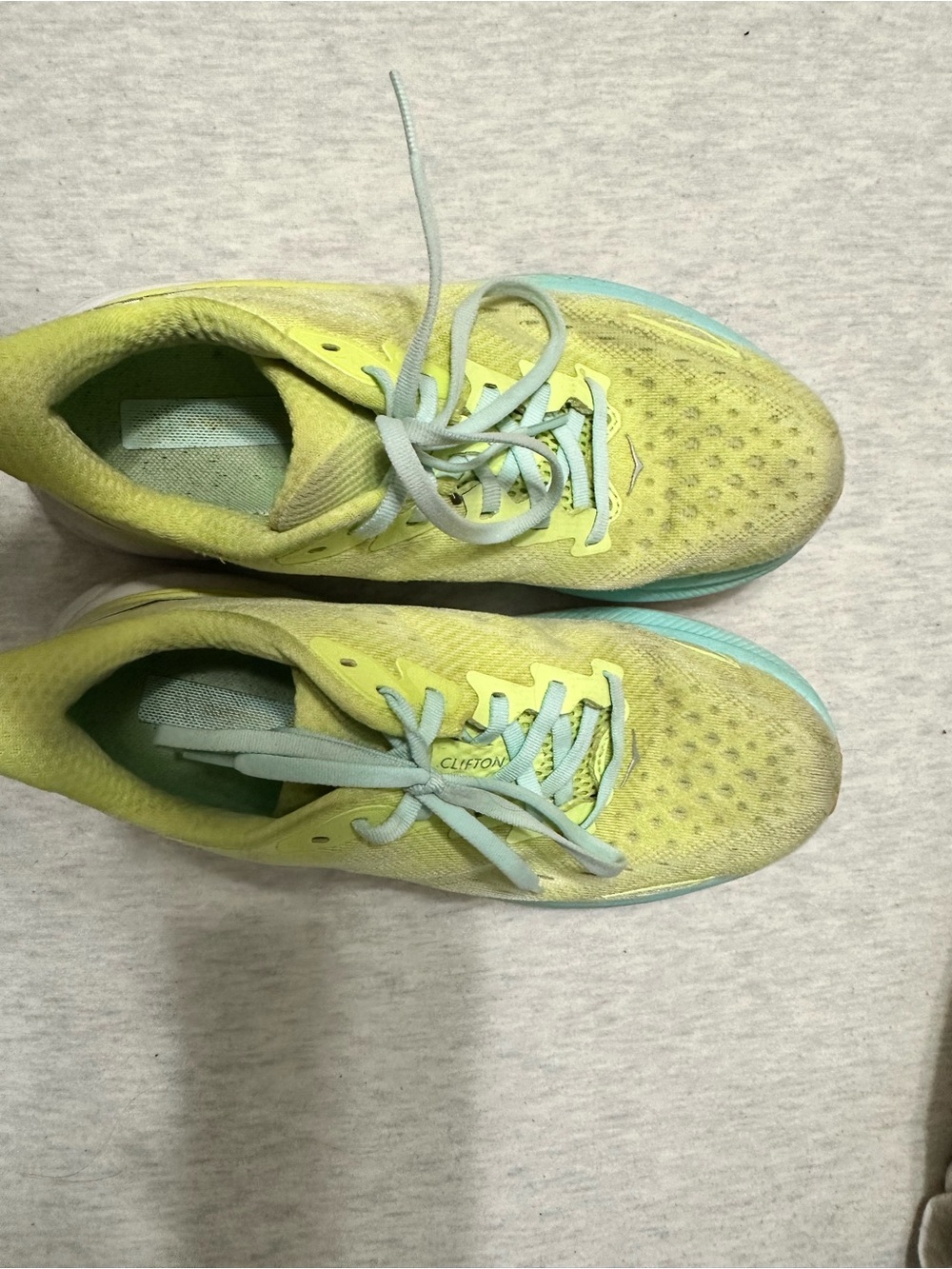 Hoka Women's Clifton Running Shoes in Yellow and Aqua